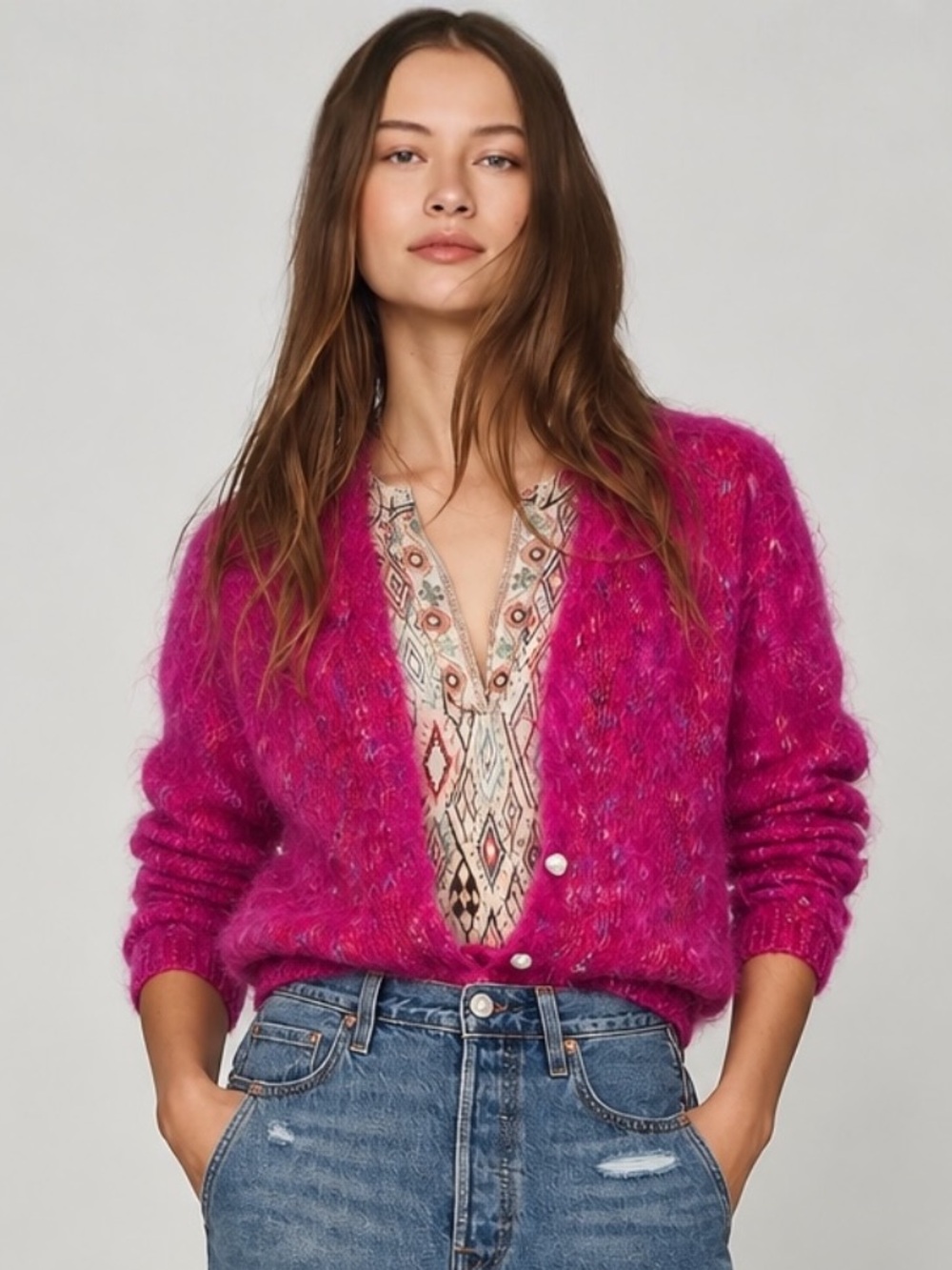 NWT Artisan Made Fuzzy Fuschia Mohair Open Style Cardigan M